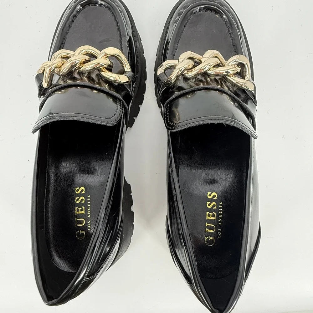 Guess Hillford Loafer Womens 8.5 Black Fair Chunky Lug Sole Gold Chain Platform